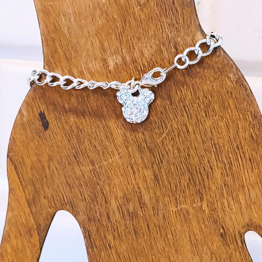 DISNEY GREEN ENAMEL ROSE AND CZ MICKEY CHARM BRACELET - Picture 2 of 8